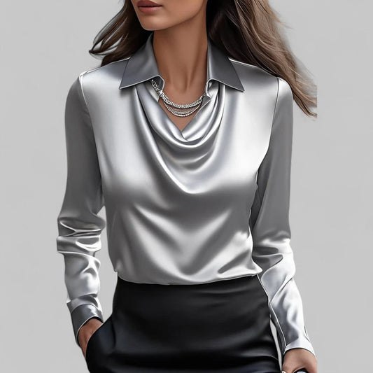 Clara | Women’s Satin Blouse with Draped Neck and Long Sleeves