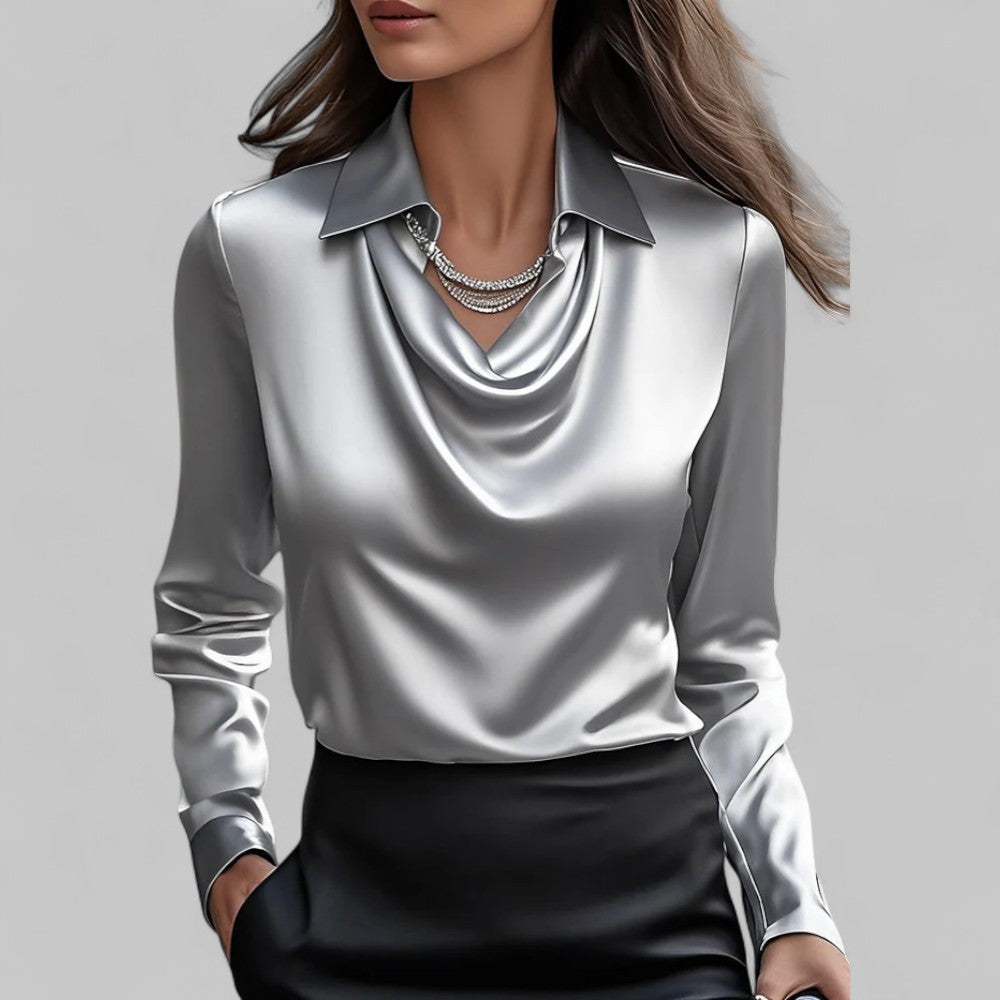 Clara | Women’s Satin Blouse with Draped Neck and Long Sleeves