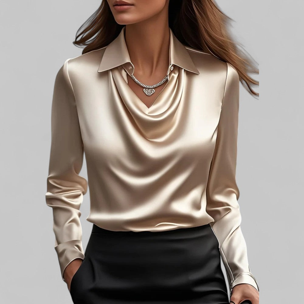 Clara | Women’s Satin Blouse with Draped Neck and Long Sleeves