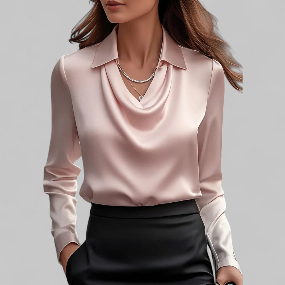 Clara | Women’s Satin Blouse with Draped Neck and Long Sleeves