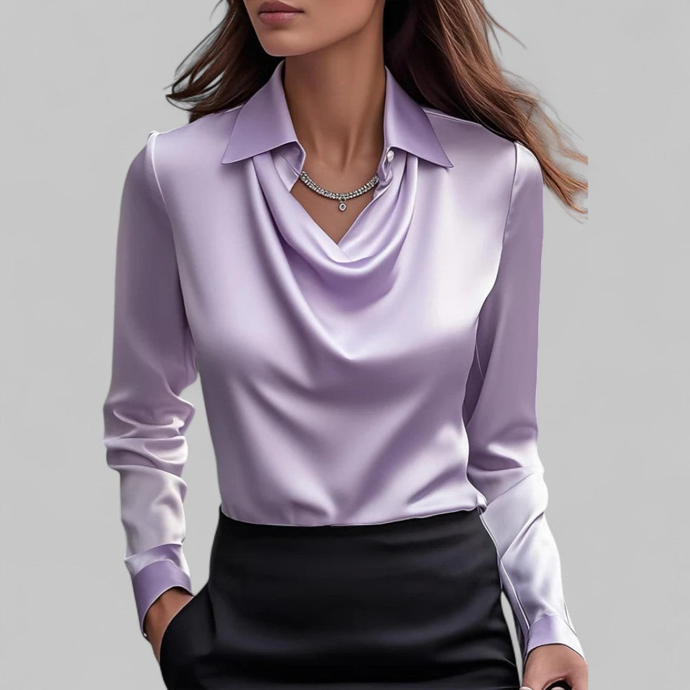 Clara | Women’s Satin Blouse with Draped Neck and Long Sleeves
