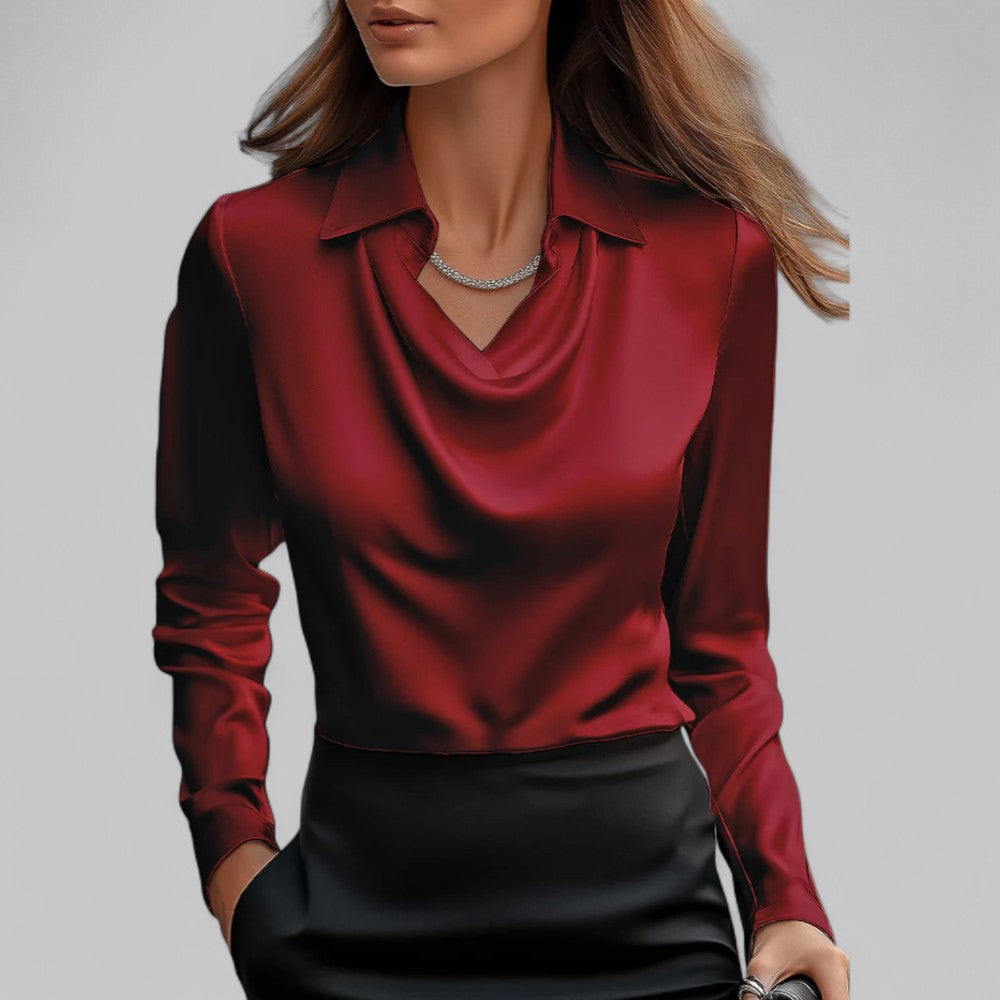 Clara | Women’s Satin Blouse with Draped Neck and Long Sleeves