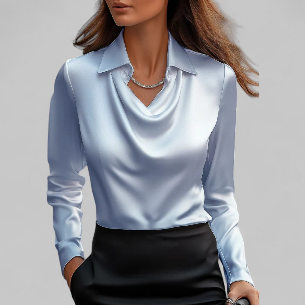 Clara | Women’s Satin Blouse with Draped Neck and Long Sleeves
