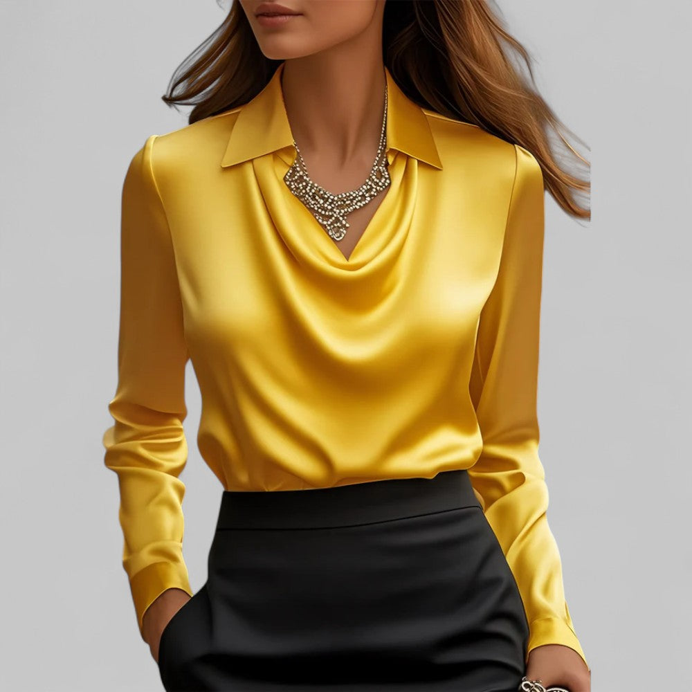 Clara | Women’s Satin Blouse with Draped Neck and Long Sleeves