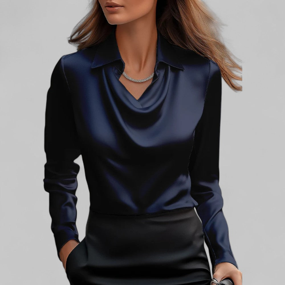 Clara | Women’s Satin Blouse with Draped Neck and Long Sleeves