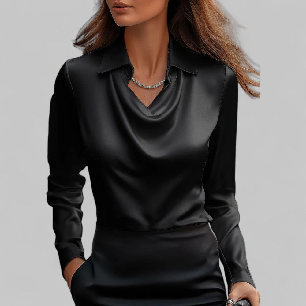 Clara | Women’s Satin Blouse with Draped Neck and Long Sleeves