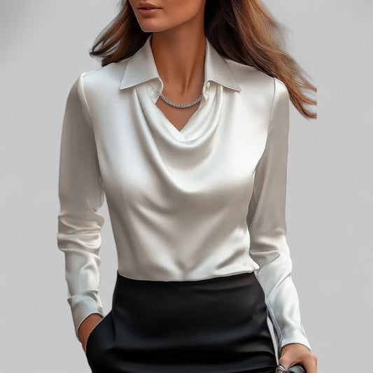 Clara | Women’s Satin Blouse with Draped Neck and Long Sleeves